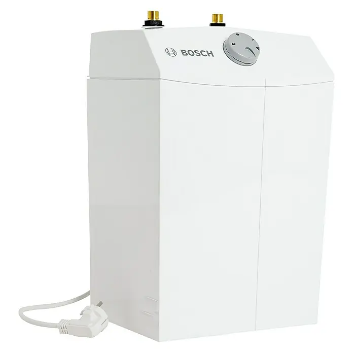 Bosch Warmwasserspeicher Tronic Store Compact - 5 l, 1.800 W, Temperaturbereich: 35 °C - 85 °C, Untertischmontage - Hier ist ein weißer Bosch-Warmwasserbereiter mit einem grauen Knopf zur Temperaturregelung oben und einem Stecker unten links.
