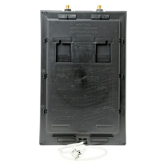 Bosch Warmwasserspeicher Tronic Store Advanced - 5 l, 2.200 W, Temperaturbereich: 35 °C - 85 °C, Untertischmontage - Rückseite eines Boilers mit Hinweisen zur Montage. Der Boiler ist schwarz und hat einen weißen Stecker.