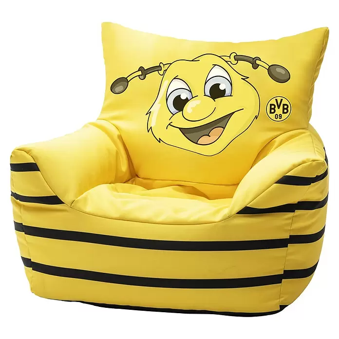 Sitting Point Sitzsack VIP Kids Sessel - 50 x 50 cm, BVB Emma, 100 % Polyester - Gelb-schwarz gestreifter Sitzsack im Bienen-Design, mit lachendem Bienen-Gesicht und BVB 09 Logo auf der Rückenlehne.
