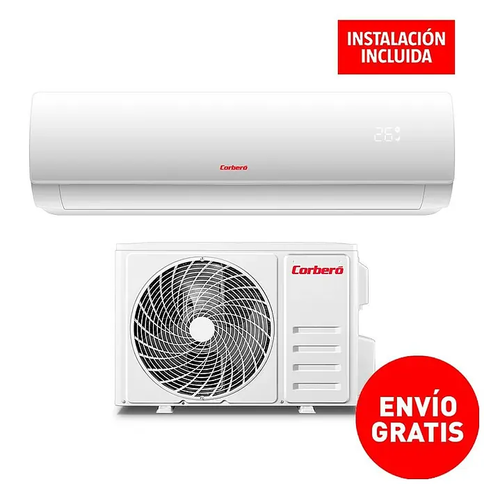 Corberó Aire acondicionado Inverter Austral 12 + Instalación - 3.500 W, 3.500 W, 22 m², Blanco - Imagen de un aire acondicionado Corberó, que consta de una unidad interior y una exterior, asegurando una temperatura confortable.