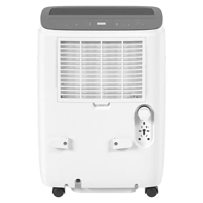 Voltomat Luftentfeuchter - Entfeuchtungsleistung: 40 l/Tag, Weiß/Grau, 680 W, Raumvolumen: 200 m³ - Rückansicht eines tragbaren, weißen Klimageräts mit grauer Oberseite, das auf Rädern steht und über Lüftungsöffnungen und Bedienelemente verfügt.