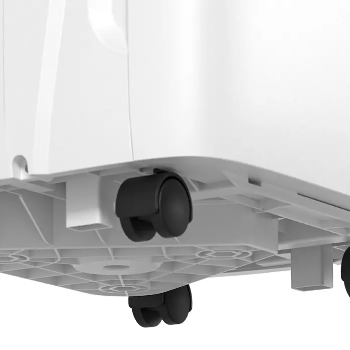 Voltomat Luftentfeuchter - Entfeuchtungsleistung: 60 l/Tag, Weiß/Grau, 900 W, Raumvolumen: 250 m³ - Detailaufnahme der Rollen eines weißen mobilen Klimageräts, die Mobilität und einfache Handhabung demonstrieren.