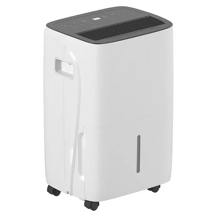 Voltomat Luftentfeuchter - Entfeuchtungsleistung: 60 l/Tag, Weiß/Grau, 900 W, Raumvolumen: 250 m³ - Ein weißer Luftentfeuchter mit grauer Oberseite und Rollen für einfachen Transport. Ideal für die Reduzierung von Feuchtigkeit.