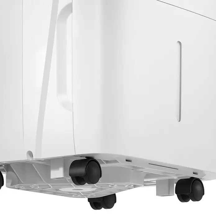 Voltomat Luftentfeuchter - Entfeuchtungsleistung: 40 l/Tag, Weiß/Grau, 680 W, Raumvolumen: 200 m³ - Detailaufnahme eines tragbaren, weißen Kühlers mit Rollen für einfachen Transport und einer praktischen Griffmulde.