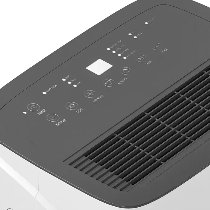 Voltomat Luftentfeuchter - Entfeuchtungsleistung: 40 l/Tag, Weiß/Grau, 680 W, Raumvolumen: 200 m³ - Nahaufnahme der Oberseite eines Luftentfeuchters mit Bedienfeld, das verschiedene Einstellungen und Modi für eine optimale Feuchtigkeitskontrolle bietet.