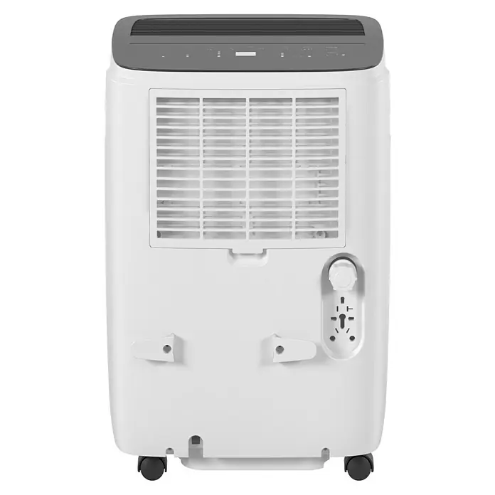 Voltomat Luftentfeuchter - Entfeuchtungsleistung: 60 l/Tag, Weiß/Grau, 900 W, Raumvolumen: 250 m³ - Rückansicht einer tragbaren, weißen Klimaanlage mit einem grauen Bedienfeld, einem Luftfilter und Rädern für den einfachen Transport.