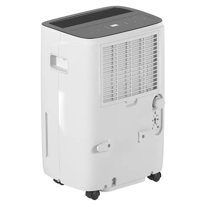 Voltomat Luftentfeuchter - Entfeuchtungsleistung: 60 l/Tag, Weiß/Grau, 900 W, Raumvolumen: 250 m³ - Ein weißer, tragbarer Luftentfeuchter mit grauem Bedienfeld. Er ist auf Rollen montiert und hat Lüftungsschlitze an der Rückseite.