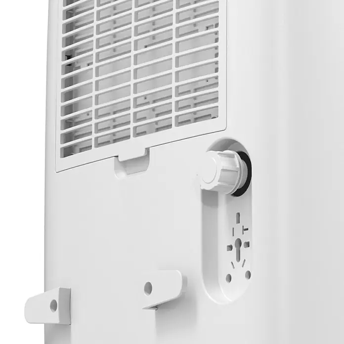 Voltomat Luftentfeuchter - Entfeuchtungsleistung: 40 l/Tag, Weiß/Grau, 680 W, Raumvolumen: 200 m³ - Nahaufnahme der Rückseite eines weißen Klimageräts mit Luftfilter und verschiedenen Anschlüssen.