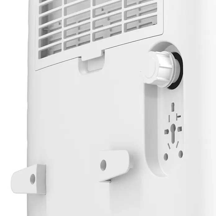 Voltomat Luftentfeuchter - Entfeuchtungsleistung: 60 l/Tag, Weiß/Grau, 900 W, Raumvolumen: 250 m³ - Detailaufnahme eines tragbaren Klimageräts in Weiß, das die Rückseite mit Lüftungsschlitzen und Befestigungselementen zeigt.