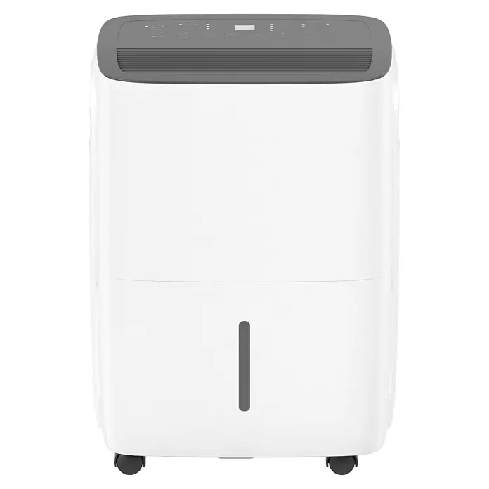 Voltomat Luftentfeuchter - Entfeuchtungsleistung: 40 l/Tag, Weiß/Grau, 680 W, Raumvolumen: 200 m³ - Aufnahme eines tragbaren, weißen Luftentfeuchters mit grauen Bedienelementen oben und einem Wasserstandsanzeiger unten.