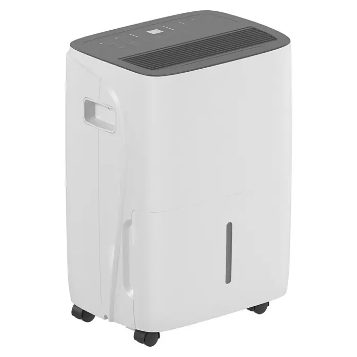 Voltomat Luftentfeuchter - Entfeuchtungsleistung: 40 l/Tag, Weiß/Grau, 680 W, Raumvolumen: 200 m³ - Nahaufnahme eines tragbaren, weißen Luftentfeuchters mit grauer Oberseite und Rädern, ideal zur Feuchtigkeitsregulierung in Innenräumen.
