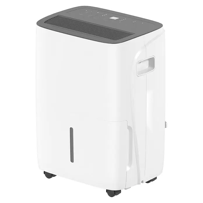Voltomat Luftentfeuchter - Entfeuchtungsleistung: 40 l/Tag, Weiß/Grau, 680 W, Raumvolumen: 200 m³ - Abbildung eines weißen Luftentfeuchters. Der Luftentfeuchter verfügt über ein Bedienfeld und Rollen für den einfachen Transport.