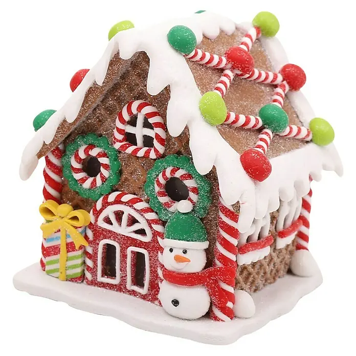 LED-Weihnachtsdekoleuchte Lebkuchenhaus - 12 x 14 x 12 cm, Mehrfarbig, Batteriebetrieben, LED - Festliches Lebkuchenhaus mit Zuckerguß, Süßigkeiten und einem Schneemann. Perfekt für Weihnachtsdekorationen und festliche Stimmung.