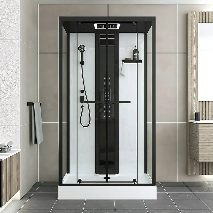 Aurlane Dampfdusche Relax Hammam - 90 x 115 x 215 cm, Schwarz/Weiß - Diese Abbildung zeigt eine moderne Duschkabine mit schwarzem Rahmen und klaren Glastüren, die ein stilvolles Badezimmerambiente schafft.