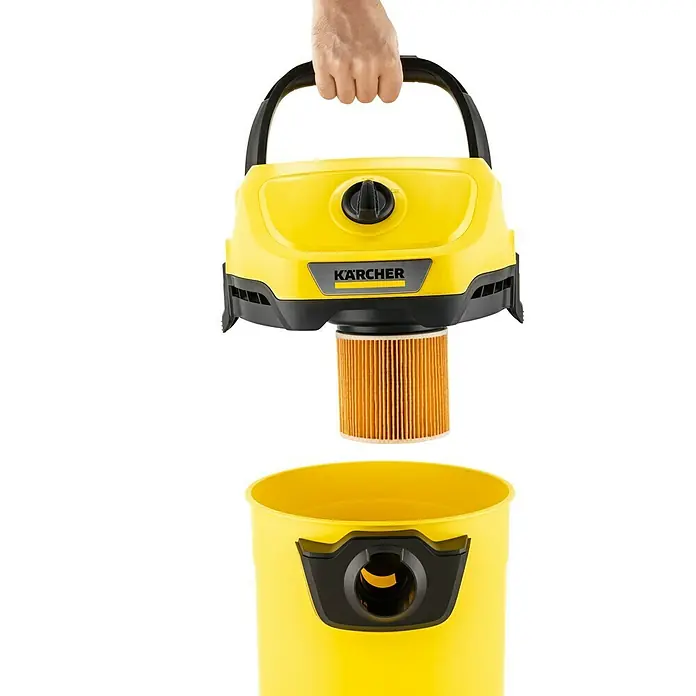 Kärcher Aspirador en seco y húmedo eléctrico WD 3 V-17/4/20 - 1.000 W, Volumen de recipiente: 17 l - La unidad de aspiradora húmeda y seca amarilla Kärcher se está desmontando para cambiar el filtro. ¡Súper práctico!