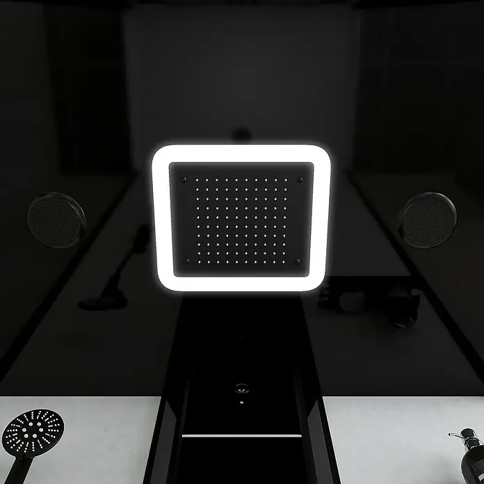 Aurlane Dampfdusche Relax Hammam - 90 x 115 x 215 cm, Schwarz/Weiß - Nahaufnahme eines modernen Duschpaneels mit integriertem LED-Licht und Lautsprechern.
