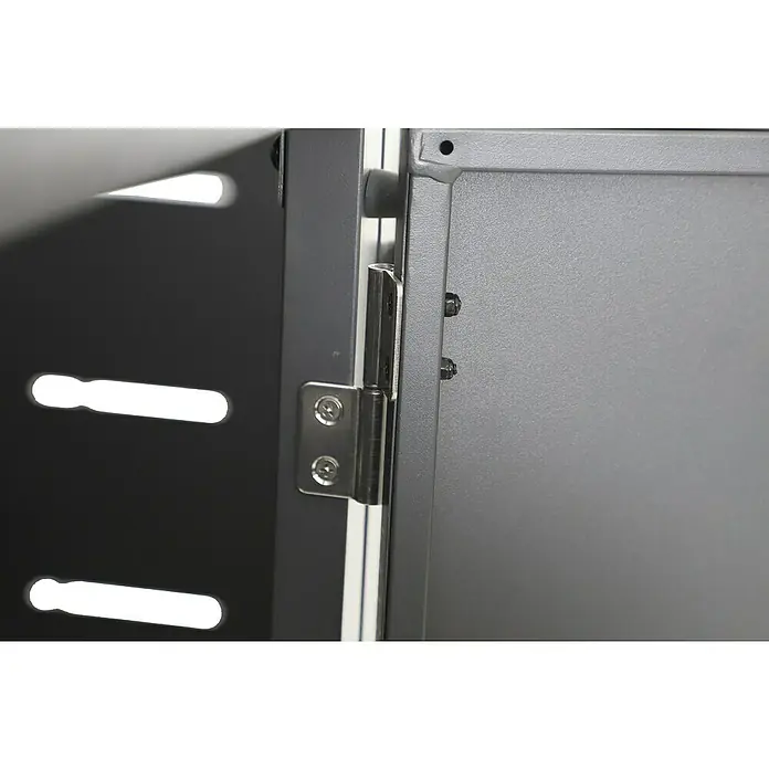 Sunfun Mülltonnenbox - B x T: 268 x 81,5 cm, Anthrazit, Stahl, Geeignet für Anzahl Mülltonnen: 4 Stk. - Detailaufnahme eines Serverschranks mit Scharnier und Befestigungsschrauben, die die robuste Bauweise und Zugänglichkeit für Wartungsarbeiten hervorheben.