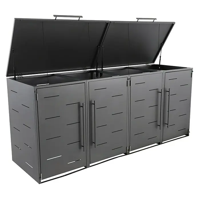 Sunfun Mülltonnenbox - B x T: 268 x 81,5 cm, Anthrazit, Stahl, Geeignet für Anzahl Mülltonnen: 4 Stk. - Graue Mülltonnenbox für vier Tonnen mit aufklappbarem Deckel und Griffen. Praktische Mülltonnenaufbewahrung für den Außenbereich.