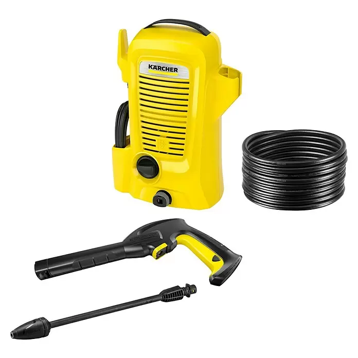 Kärcher Hidrolimpiadora de alta presión K2 Universal Edition - 110 bar, 1.400 W, Capacidad de bombeo: 360 l/h - Una hidrolimpiadora Kärcher amarilla y negra con manguera enrollada, pistola y lanza.