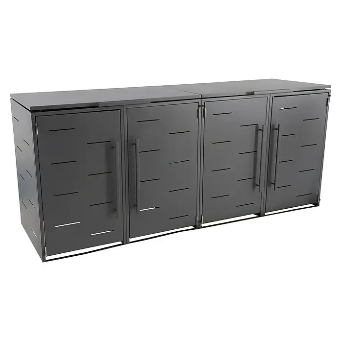 Sunfun Mülltonnenbox - B x T: 268 x 81,5 cm, Anthrazit, Stahl, Geeignet für Anzahl Mülltonnen: 4 Stk. - Dieses Bild zeigt eine graue Mülltonnenbox, die vier Abfallbehälter fasst und ein schlankes, modernes Design mit horizontalen Schlitzen aufweist.