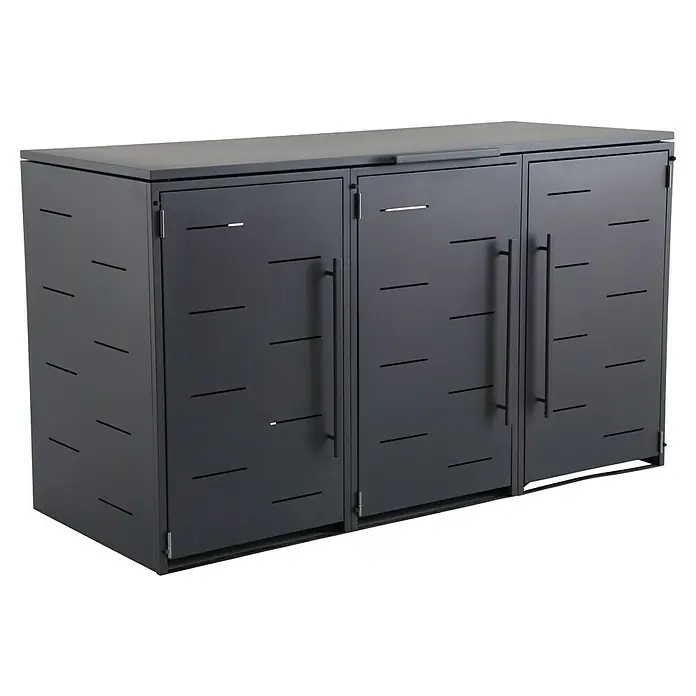 Sunfun Mülltonnenbox - B x T: 201 x 81,5 cm, Anthrazit, Stahl, Geeignet für Anzahl Mülltonnen: 3 Stk. - Grauer Mülltonnenschrank für den Außenbereich mit drei Türen und horizontalen Schlitzen zur Belüftung.