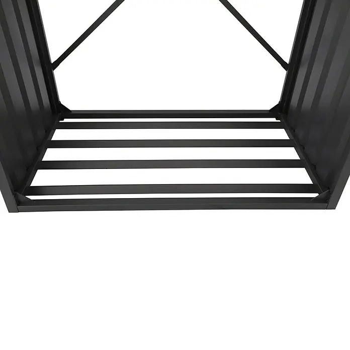 Gardol Kaminholzregal - 160 x 90 x 200 cm, Stahl, Anthrazit - Nahaufnahme einer schwarzen Brennholzaufbewahrung mit Lattenrost, ideal für die Lagerung von Kaminholz im Innen- und Außenbereich.