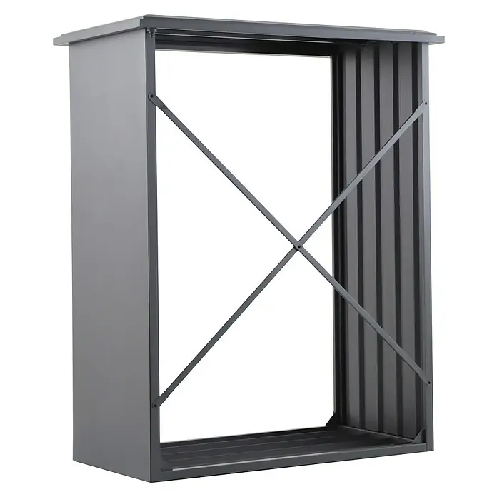 Gardol Kaminholzregal - 160 x 90 x 200 cm, Stahl, Anthrazit - Ein graues, leeres Kaminholzregal aus Metall mit gekreuzten Streben zur Stabilisierung, ideal zur Lagerung von Brennholz im Außenbereich.