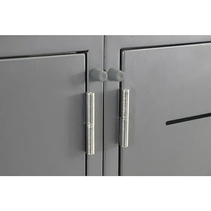 Sunfun Mülltonnenbox - B x T: 268 x 81,5 cm, Anthrazit, Stahl, Geeignet für Anzahl Mülltonnen: 4 Stk. - Nahaufnahme eines grauen Metallschranks mit Scharnieren und Gummidämpfern, der die robuste Bauweise und die sanften Schließmechanismen hervorhebt.