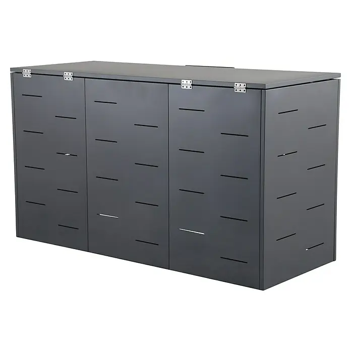 Sunfun Mülltonnenbox - B x T: 201 x 81,5 cm, Anthrazit, Stahl, Geeignet für Anzahl Mülltonnen: 3 Stk. - Eine graue Mülltonnenbox für drei Tonnen mit horizontalen Schlitzen zur Belüftung und einem Klappdeckel mit Scharnieren.