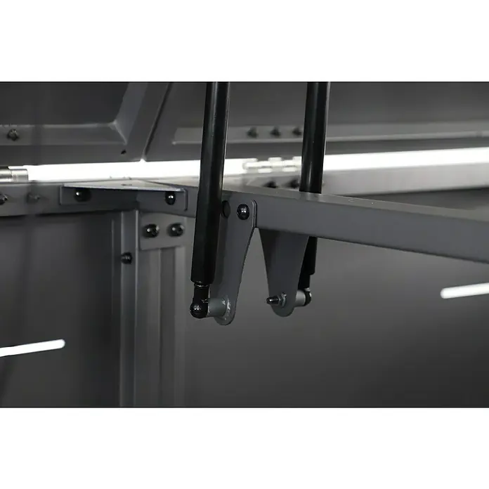 Sunfun Mülltonnenbox - B x T: 268 x 81,5 cm, Anthrazit, Stahl, Geeignet für Anzahl Mülltonnen: 4 Stk. - Detailaufnahme eines grauen Schranks mit schwarzen Hydraulikstangen, die die Tür stützen.
