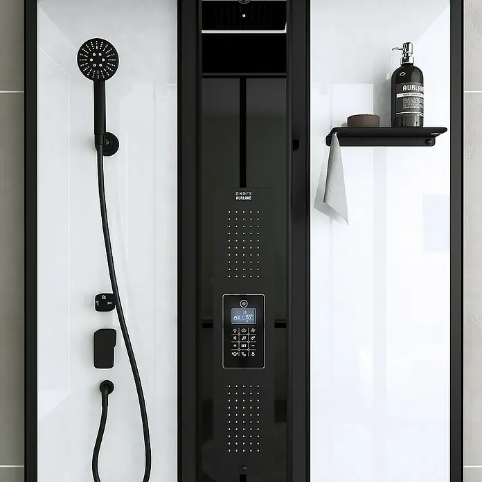 Aurlane Dampfdusche Relax Hammam - 90 x 115 x 215 cm, Schwarz/Weiß - Moderne Duschsäule mit schwarzem Bedienfeld, Brausekopf und Ablage für Pflegeprodukte.