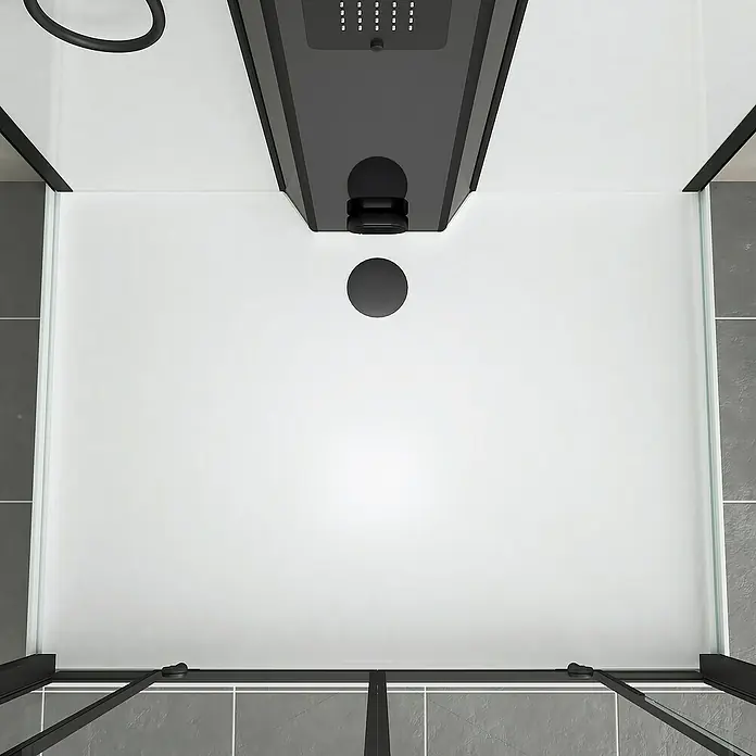 Aurlane Dampfdusche Relax Hammam - 90 x 115 x 215 cm, Schwarz/Weiß - Draufsicht auf eine Duschkabine mit schwarzem Rahmen und einem modernen Duschkopf, der ein elegantes Badezimmerdesign zeigt.