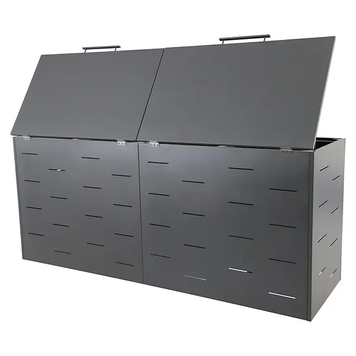 Sunfun Mülltonnenbox - B x T: 268 x 81,5 cm, Anthrazit, Stahl, Geeignet für Anzahl Mülltonnen: 4 Stk. - Das Bild zeigt einen grauen, doppelten Mülltonnenbox mit Belüftungsschlitzen und einem leicht geöffneten Deckel. Ideal für den Außenbereich.
