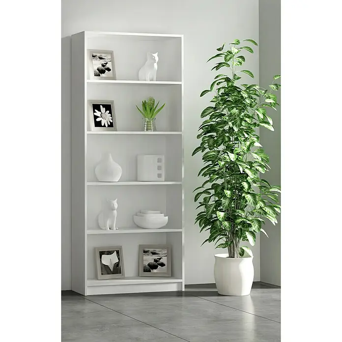 Meka Block Estantería de madera K-9450 - Al x An x Pr: 180 x 75 x 25 cm, Número de baldas: 5 ud., Atornillado, Blanco - Librería blanca con elementos decorativos y una planta de interior para un interior elegante.