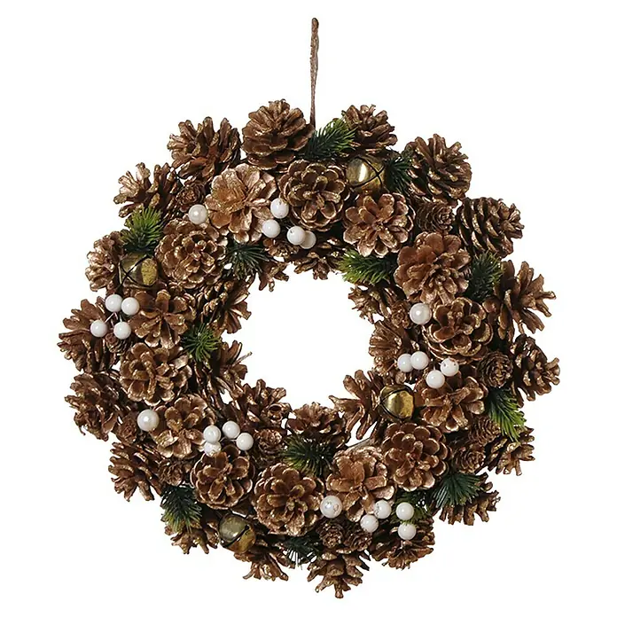 Dekokranz Tannenzapfen - 35 cm, Braun - Festlicher Weihnachtskranz aus Zapfen mit goldenen Akzenten, kleinen Glöckchen und weißen Kugeln. Ideal für die Weihnachtsdekoration.