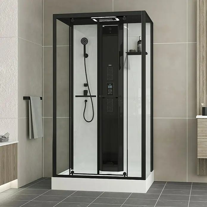 Aurlane Dampfdusche Relax Hammam - 90 x 115 x 215 cm, Schwarz/Weiß - Schwarze Duschkabine mit weißer Rückwand, ausgestattet mit Duschkopf und Armaturen, für ein modernes Badezimmer.