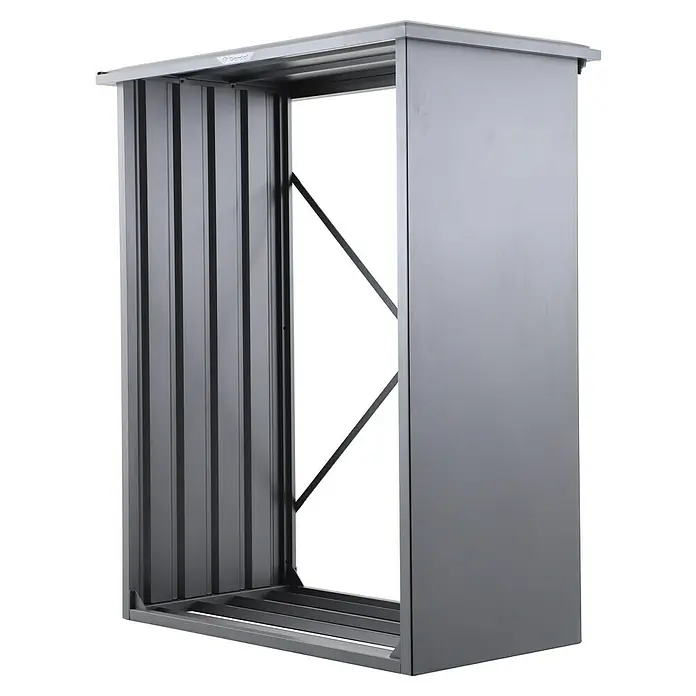 Gardol Kaminholzregal - 160 x 90 x 200 cm, Stahl, Anthrazit - Auf dem Bild ist ein Gerätehaus aus Metall zu sehen, das sich perfekt für die Aufbewahrung von Gartengeräten und Werkzeugen eignet.