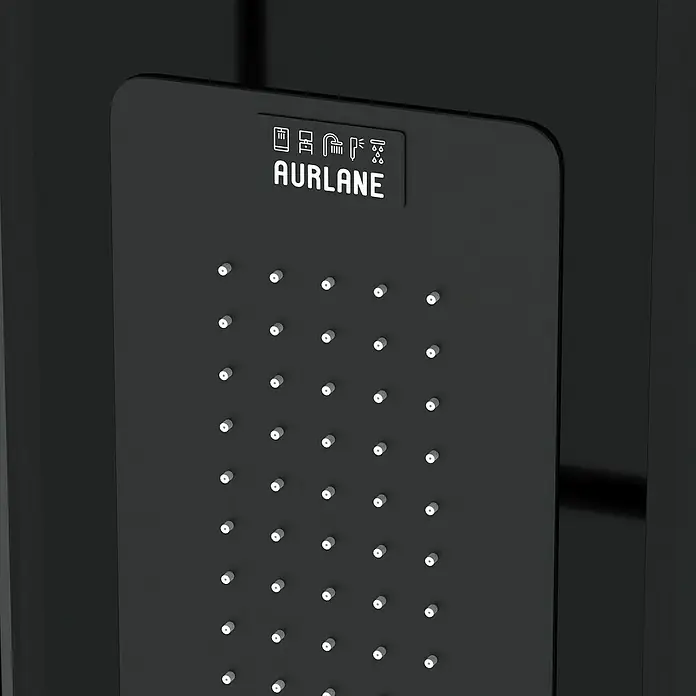 Aurlane Dampfdusche Relax Hammam - 90 x 115 x 215 cm, Schwarz/Weiß - Nahaufnahme einer schwarzen AURLANE Duschsäule mit weißen Düsen und Logo.