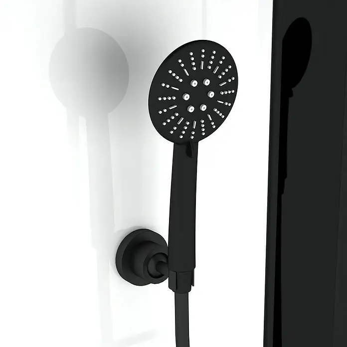 Aurlane Dampfdusche Relax Hammam - 90 x 115 x 215 cm, Schwarz/Weiß - Schwarzer Duschkopf mit Schlauch an einer weißen Wand, der ein elegantes und modernes Badezimmeraccessoire darstellt.