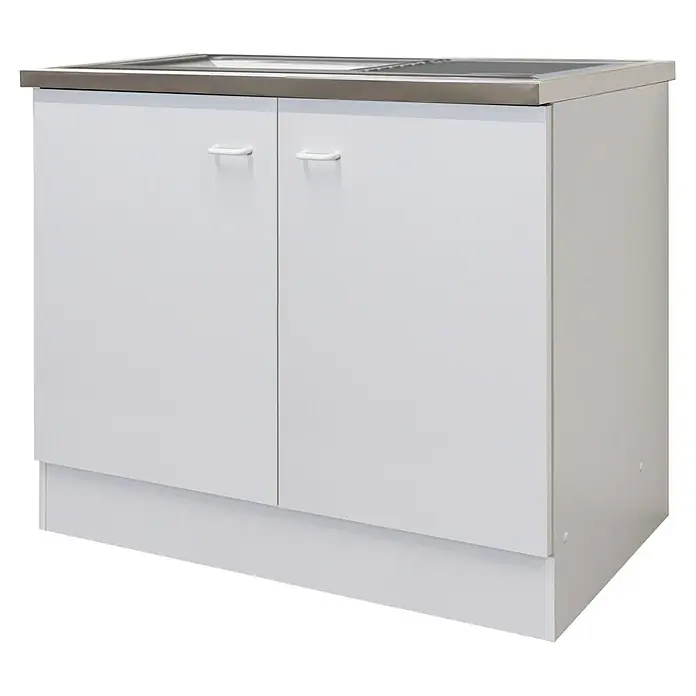 Flex-Well Rapido Spülenunterschrank - 47 x 100 x 85 cm, Dekor Front: Weiß, Dekor Korpus: Weiß - Ein weißer Waschbeckenschrank mit zwei Türen und einer Edelstahl-Arbeitsplatte, ideal für Badezimmer oder Waschküche.