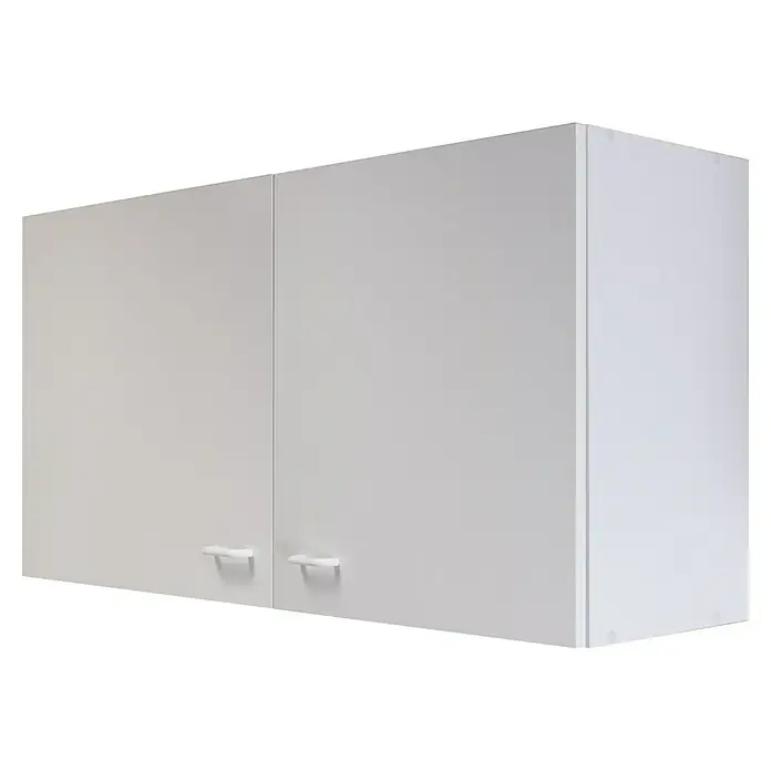 Flex-Well Rapido Hängeschrank - 32 x 100 x 54 cm, Dekor Front: Weiß, Dekor Korpus: Weiß - Eine Nahaufnahme eines weißen Küchenhängeschranks mit zwei Türen und minimalistischen Griffen. Der Schrank ist modern und schlicht gestaltet.