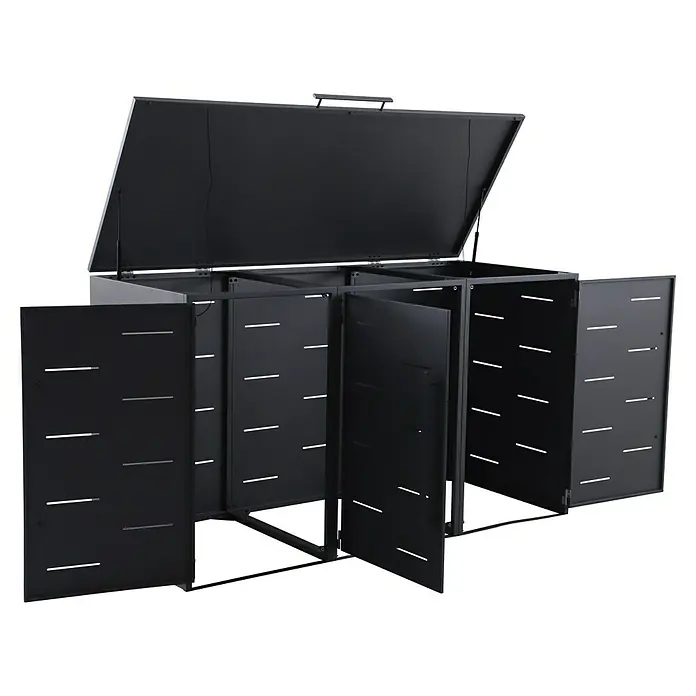 Sunfun Mülltonnenbox - B x T: 201 x 81,5 cm, Anthrazit, Stahl, Geeignet für Anzahl Mülltonnen: 3 Stk. - Schwarzer Mülltonnenbox mit geöffnetem Deckel und Türen. Die Box bietet Platz für drei Mülltonnen und ist aus robustem Material.
