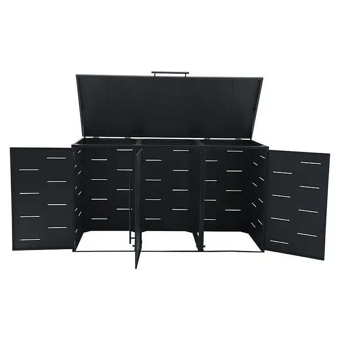 Sunfun Mülltonnenbox - B x T: 201 x 81,5 cm, Anthrazit, Stahl, Geeignet für Anzahl Mülltonnen: 3 Stk. - Offene schwarze Mülltonnenbox mit drei Abteilen und einem Deckel zum einfachen Befüllen und Entleeren der Behälter.