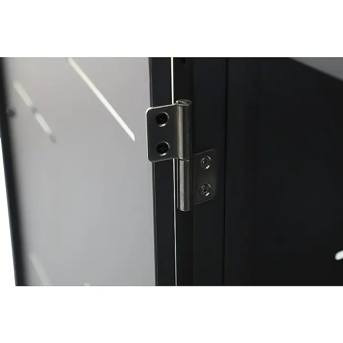 Sunfun Mülltonnenbox - B x T: 201 x 81,5 cm, Anthrazit, Stahl, Geeignet für Anzahl Mülltonnen: 3 Stk. - Nahaufnahme eines silbernen Scharniers an einer schwarzen Metalltür, das die robuste Konstruktion und Funktionalität hervorhebt.