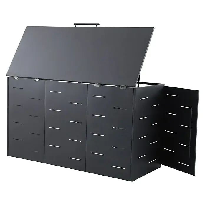 Sunfun Mülltonnenbox - B x T: 201 x 81,5 cm, Anthrazit, Stahl, Geeignet für Anzahl Mülltonnen: 3 Stk. - Anthrazitfarbene Mülltonnenbox für drei Tonnen mit geöffnetem Deckel und Tür. Eine praktische Lösung für die Müllentsorgung.