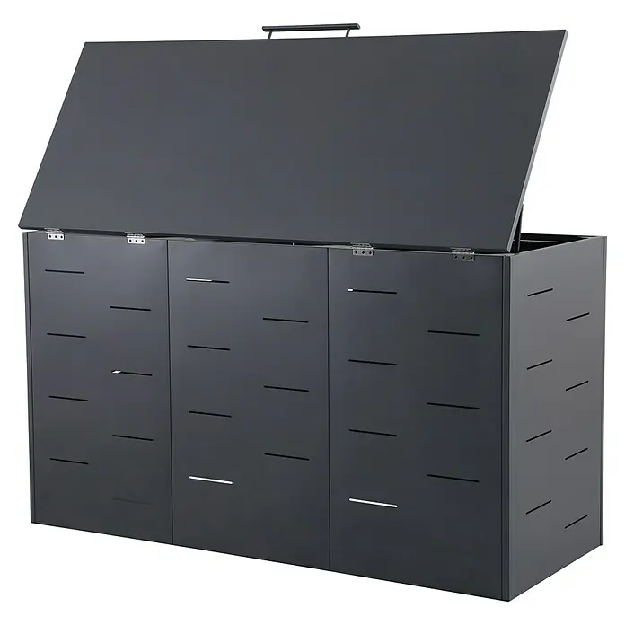 Sunfun Mülltonnenbox - B x T: 201 x 81,5 cm, Anthrazit, Stahl, Geeignet für Anzahl Mülltonnen: 3 Stk. - Schwarze Mülltonnenbox mit drei Fächern und offenem Deckel, ideal zur stilvollen Aufbewahrung im Außenbereich.