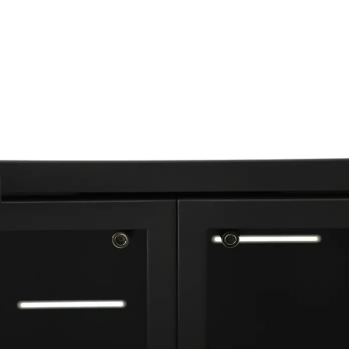 Sunfun Mülltonnenbox - B x T: 201 x 81,5 cm, Anthrazit, Stahl, Geeignet für Anzahl Mülltonnen: 3 Stk. - Detailaufnahme eines schwarzen Schranks mit Griffen und Schlössern, ideal für Büro oder Werkstatt.