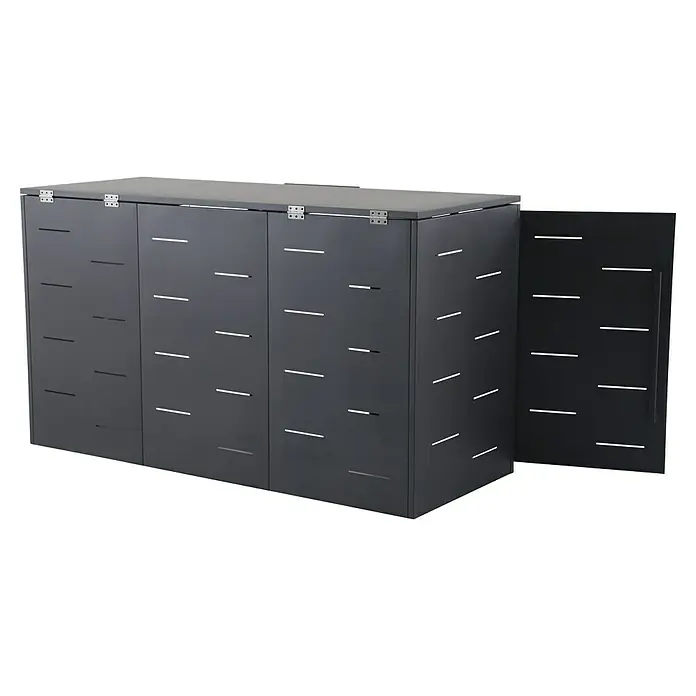 Sunfun Mülltonnenbox - B x T: 201 x 81,5 cm, Anthrazit, Stahl, Geeignet für Anzahl Mülltonnen: 3 Stk. - Bild eines grauen Mülltonnenbox mit horizontalen Schlitzen und einem geöffneten Deckel, der Platz für drei Mülltonnen bietet.