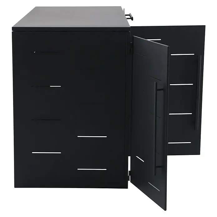 Sunfun Mülltonnenbox - B x T: 201 x 81,5 cm, Anthrazit, Stahl, Geeignet für Anzahl Mülltonnen: 3 Stk. - Aufnahme eines schwarzen Outdoor-Küchenschranks mit geöffneten Türen, der Stauraum und Funktionalität vereint.