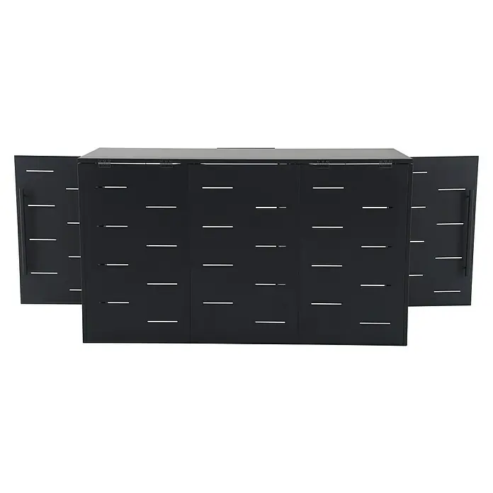Sunfun Mülltonnenbox - B x T: 201 x 81,5 cm, Anthrazit, Stahl, Geeignet für Anzahl Mülltonnen: 3 Stk. - Das Bild zeigt einen schwarzen, modernen Mülltonnenbox mit drei Fächern und nach außen öffnenden Türen. Praktische Mülltonnenbox für den Außenbereich.